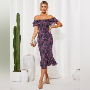 Grace Karin Floral Ruffle Off-the-Shoulder Maxi Dress Dark Purple/Pink Size 2X